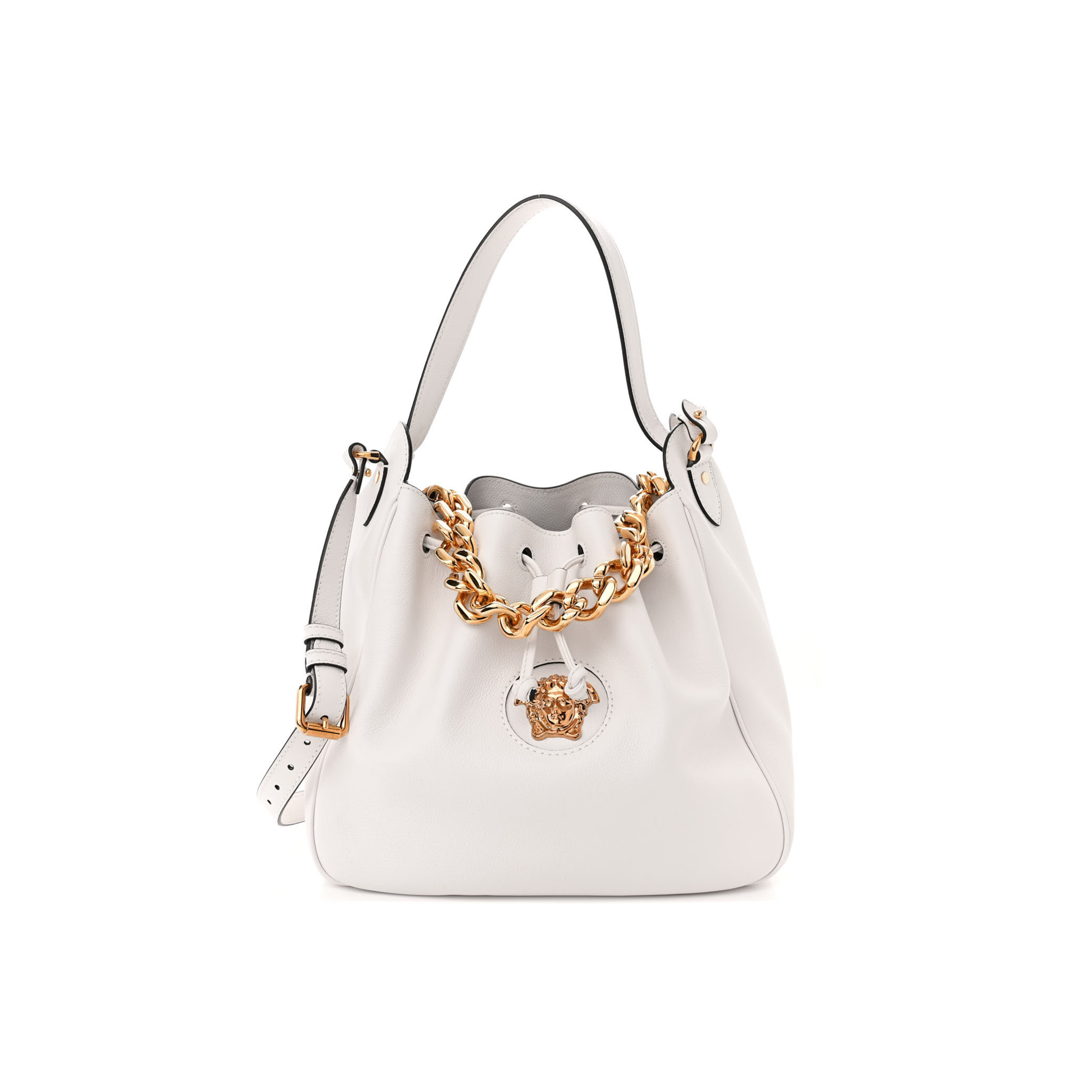 VERSACE GRAINED CALFSKIN LA MEDUSA BUCKET BAG OPTICAL WHITE  (29*28*13cm)