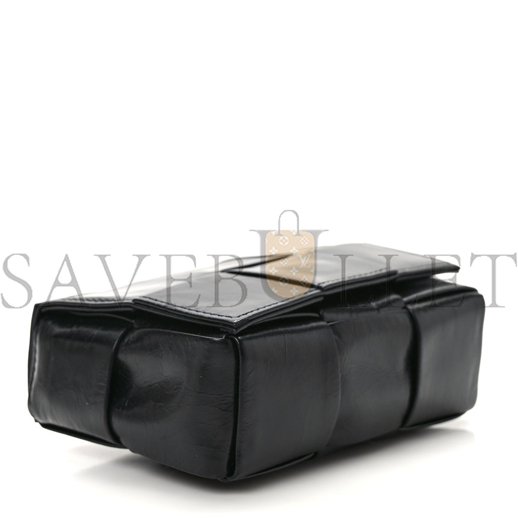 BOTTEGA VENETA PAPER CALFSKIN MAXI INTRECCIO EXTRA MINI CASSETTE CROSSBODY BAG BLACK (13*9*5cm)