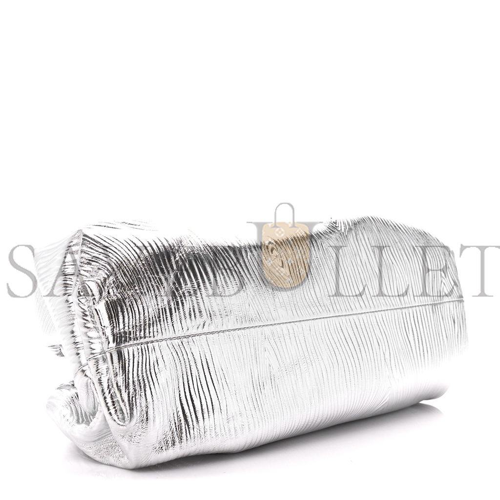 BOTTEGA VENETA METALLIC BARK CALFSKIN EMBOSSED THE POUCH OVERSIZED CLUTCH SILVER  (37*19*12cm)