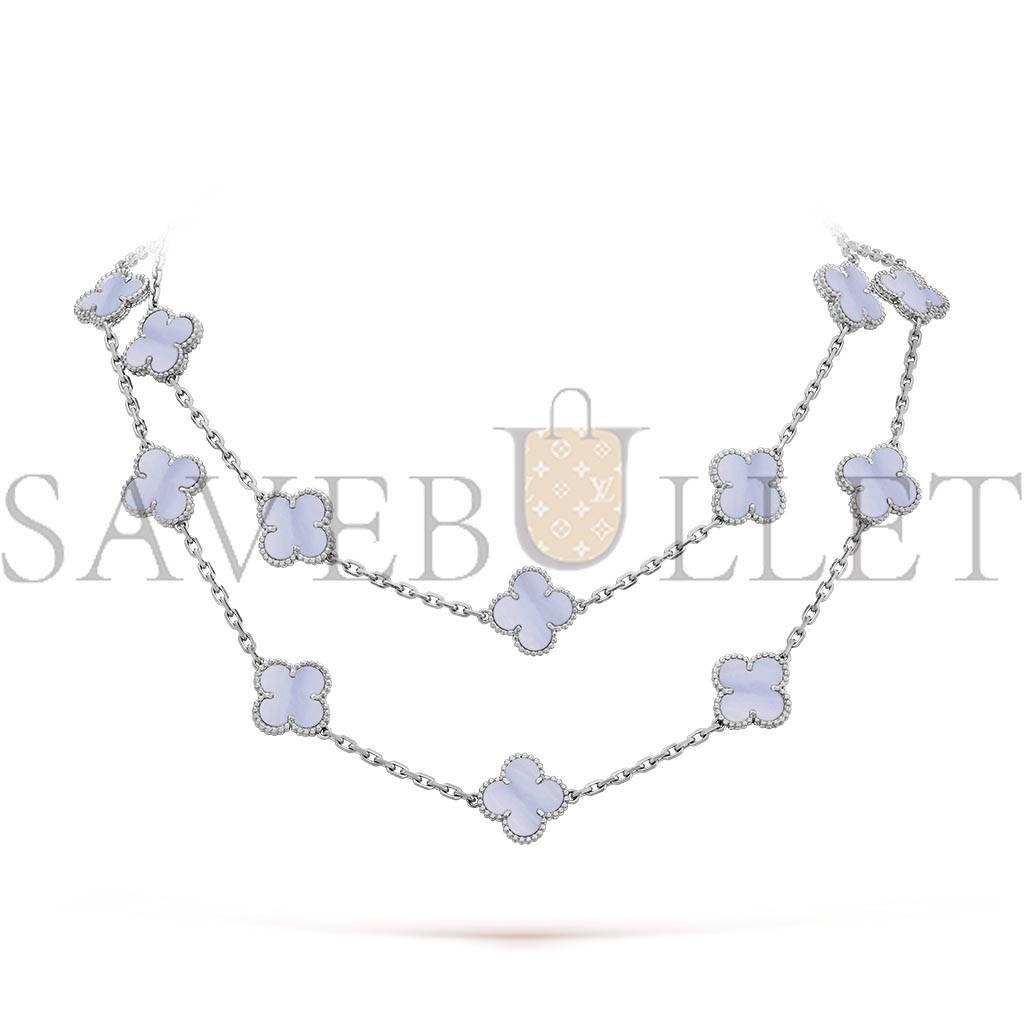 VAN CLEEF ARPELS VINTAGE ALHAMBRA LONG NECKLACE, 20 MOTIFS - WHITE GOLD, CHALCEDONY  VCARD80900