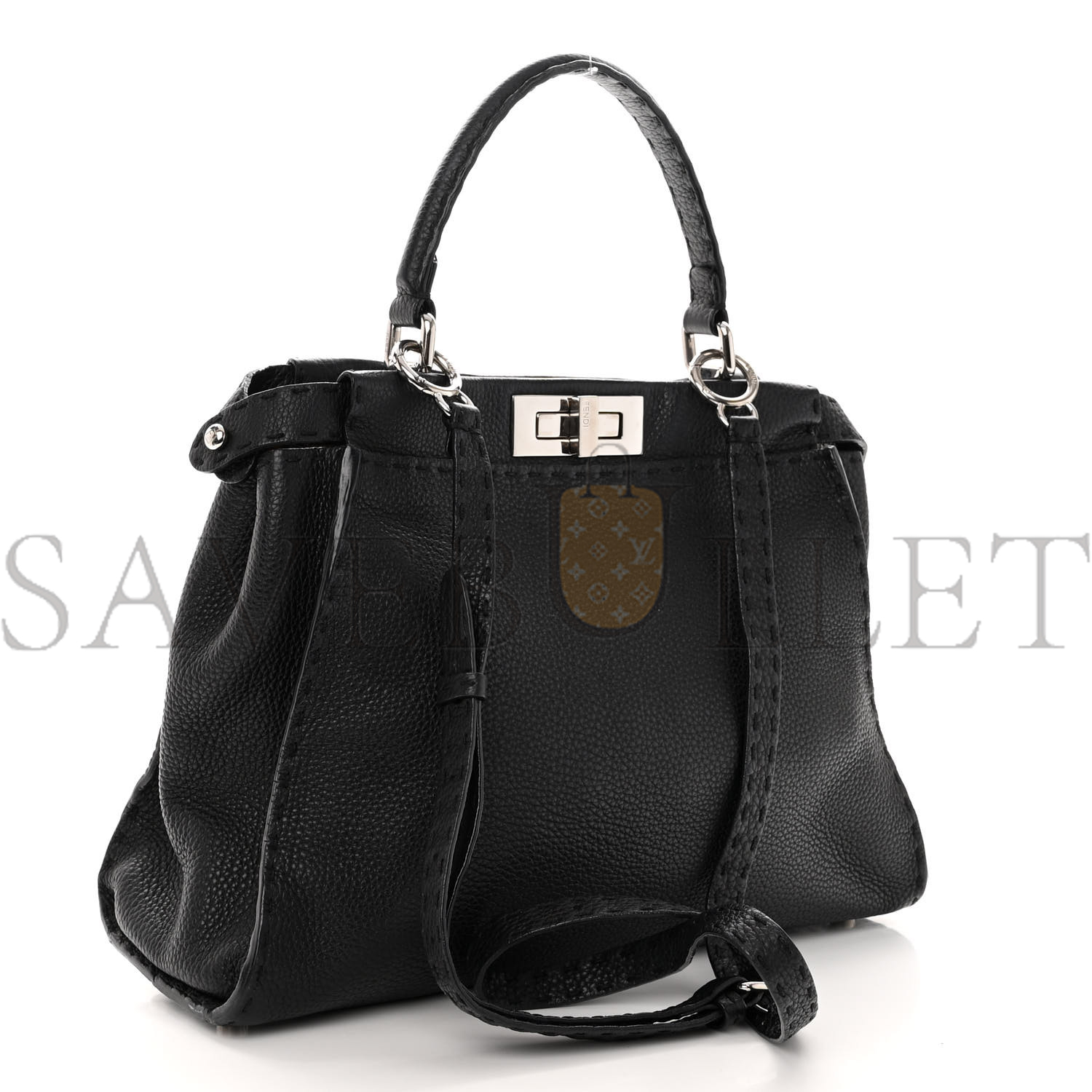 FENDI CUOIO ROMANO SELLERIA BI-COLOR MINI PEEKABOO ICONIC SATCHEL BLACK MOU (34*22*12cm)