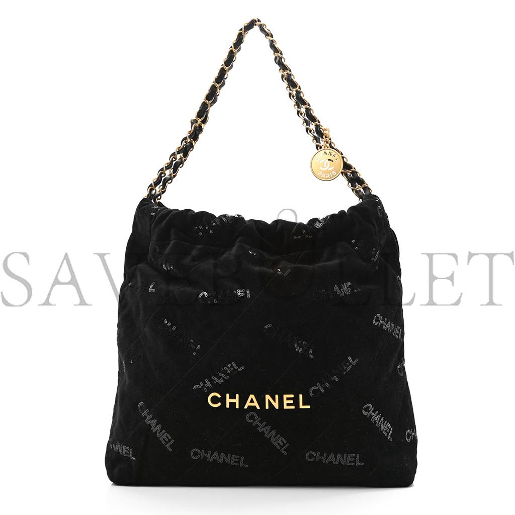 CHANEL VELVET SEQUIN QUILTED CHANEL 22 BLACK GOLD HARDWARE (37*35*7cm)