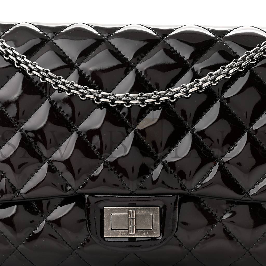 CHANEL PATENT QUILTED 2.55 REISSUE 227 FLAP PRUNE SILVER HARDWARE (30*19*10cm)