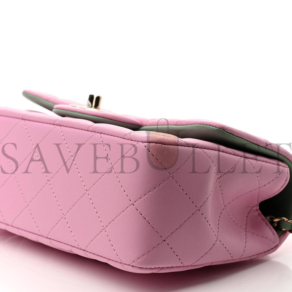 CHANEL LAMBSKIN QUILTED MINI TOP HANDLE RECTANGULAR FLAP LILAC LIGHT GREEN ROSE GOLD HARDWARE (20*12*6cm)