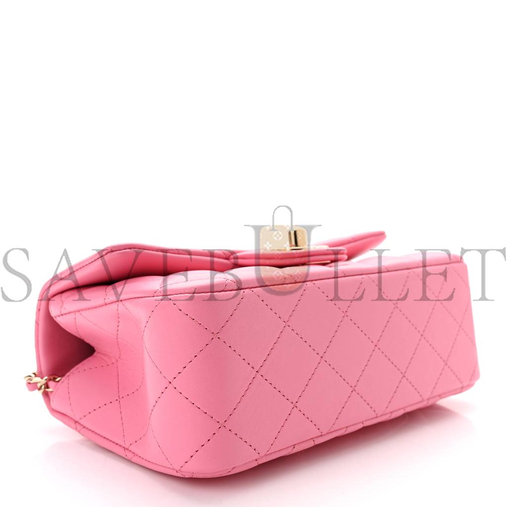 CHANEL LAMBSKIN QUILTED MINI TOP HANDLE RECTANGULAR FLAP PINK ROSE GOLD HARDWARE  (20*12*6cm)