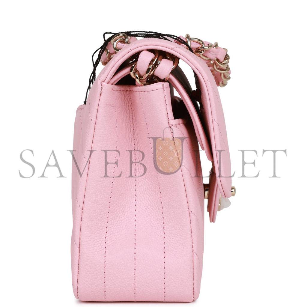 CHANEL SMALL CHEVRON CLASSIC DOUBLE FLAP PINK CALFSKIN LIGHT GOLD HARDWARE (23*13*6cm)