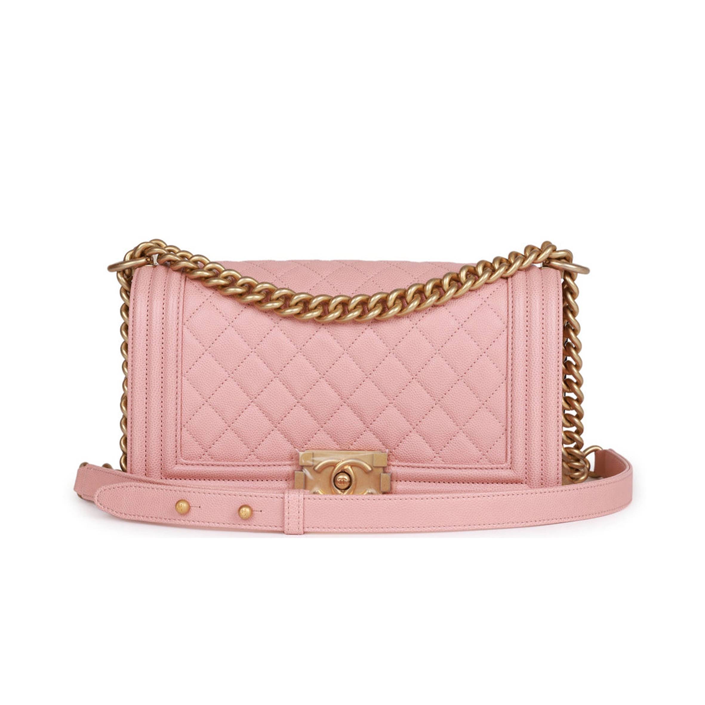 CHANEL MEDIUM BOY BAG PINK CAVIAR ANTIQUE GOLD HARDWARE (25*15*9cm)