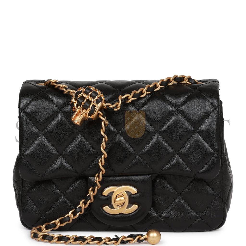 CHANEL PEARL CRUSH MINI SQUARE FLAP BAG BLACK LAMBSKIN ANTIQUE GOLD HARDWARE (17*14*8cm)