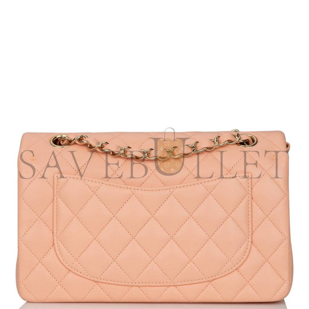 CHANEL SMALL CLASSIC DOUBLE FLAP PEACH LAMBSKIN LIGHT GOLD HARDWARE (23*13*6cm)