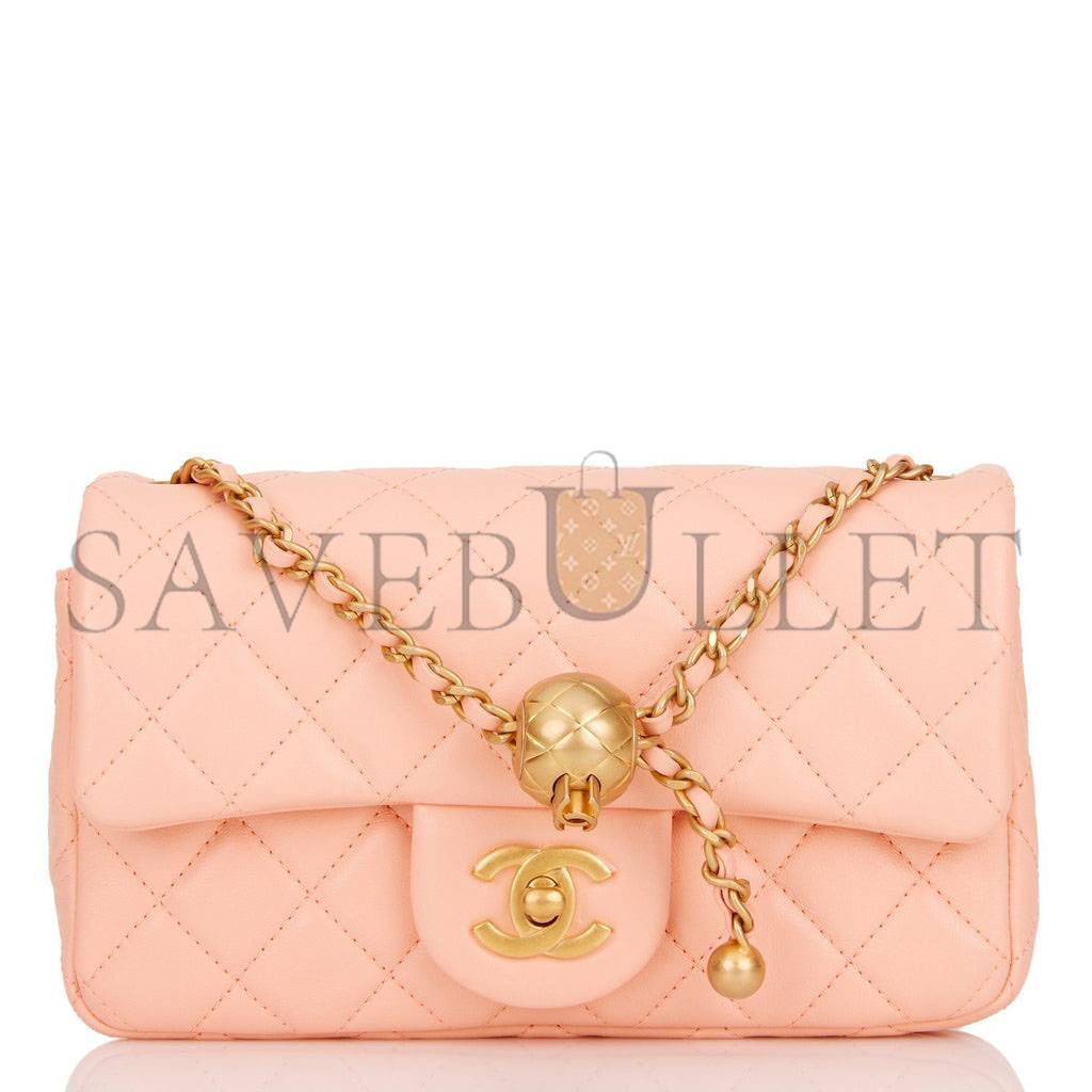 CHANEL PEARL CRUSH MINI RECTANGULAR FLAP BAG PEACH LAMBSKIN ANTIQUE GOLD HARDWARE (20*13*6cm)