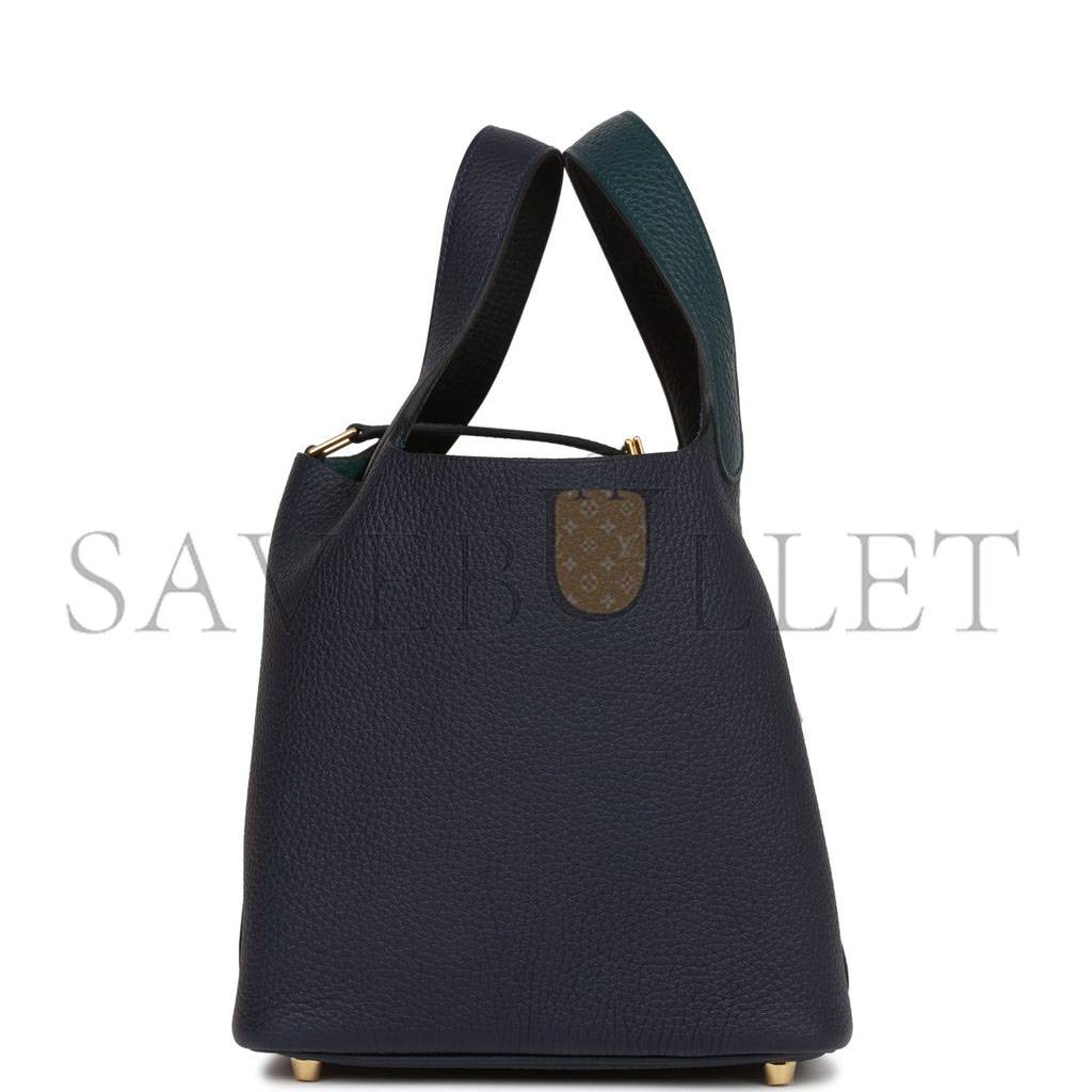 HERMES PICOTIN LOCK 18 CASAQUE VERT CYPRESS, BLEU NUIT AND BLACK CLEMENCE GOLD HARDWARE(18*13*18cm)