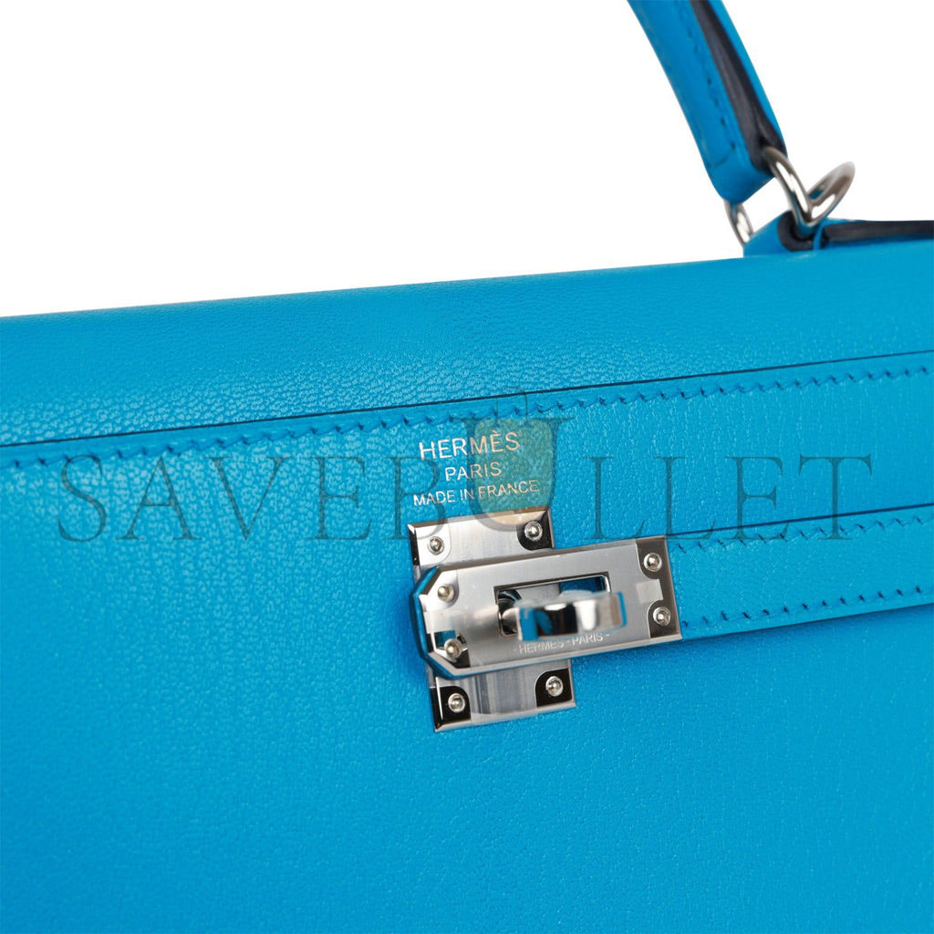 HERMES KELLY SELLIER 25 BLEU FRIDA CHEVRE PALLADIUM HARDWARE (25*17*7cm)