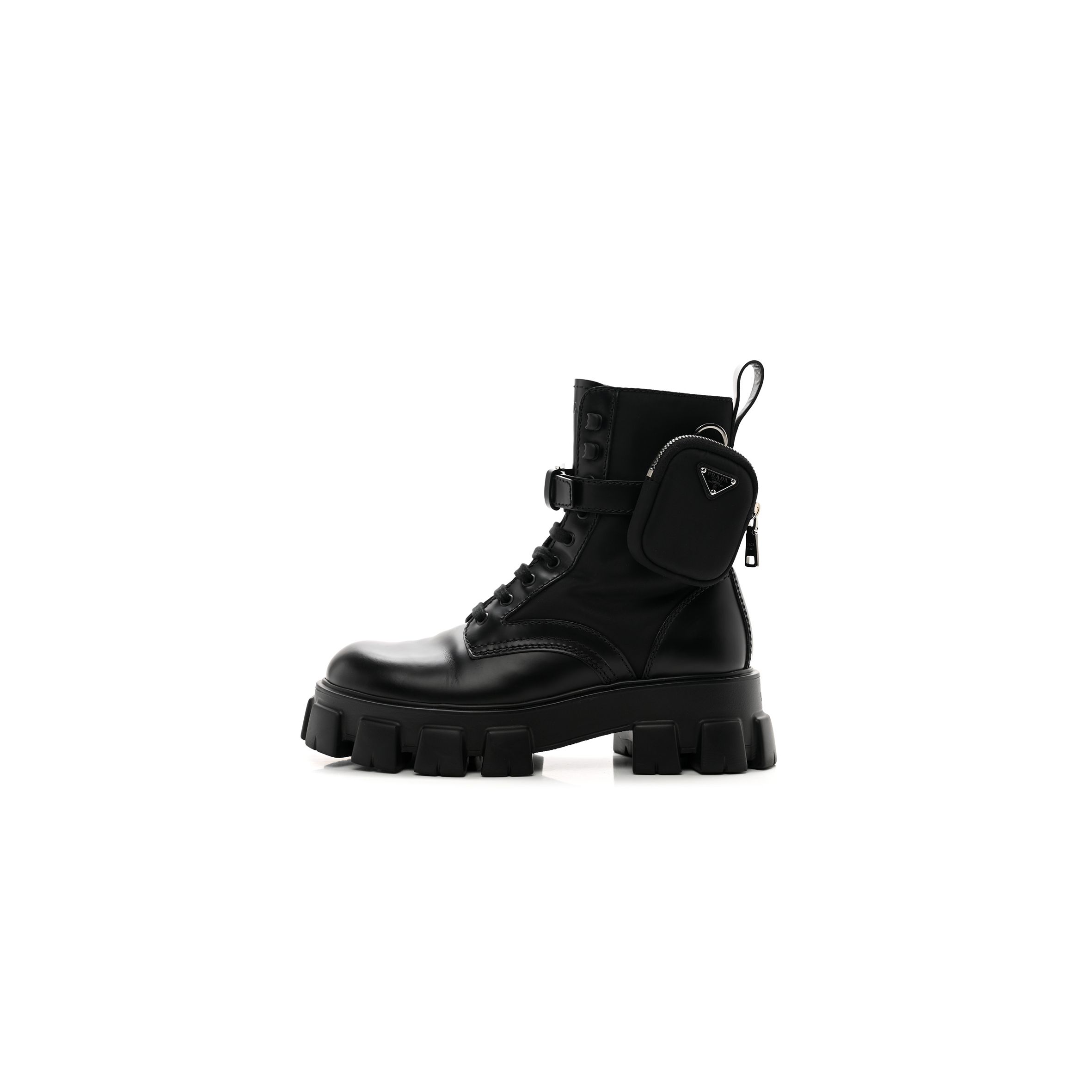 PRADA SPAZZOLATO ROIS RE-NYLON METAL TRIANGLE LOGO MENS MONOLITH POUCH POCKET 60MM COMBAT BOOTS 7.5 BLACK PRADA SPAZZOLATO ROIS RE-NYLON METAL TRIANGLE LOGO MENS MONOLITH POUCH POCKET 60MM COMBAT BOOTS 7.5 BLACK