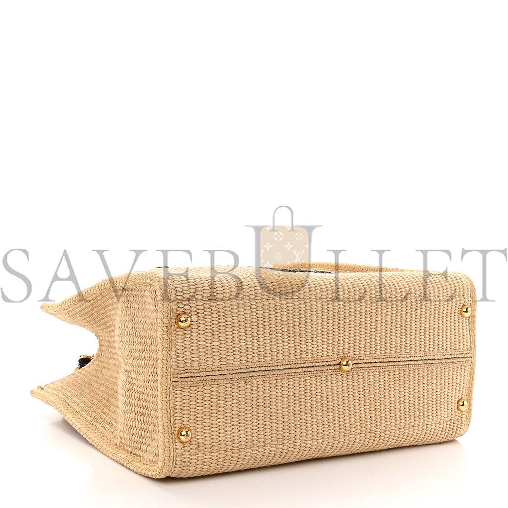 FENDI STRAW VITELLO KING PLEXIGLASS WOVEN MEDIUM FENDI SUNSHINE SHOPPER TOTE NATURAL BLACK (36*32*17cm)